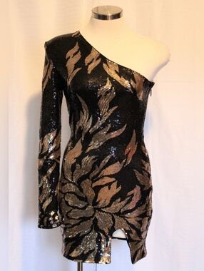 Fashion Nova Black Gold Sequin One Shoulder Mini Dress Size S